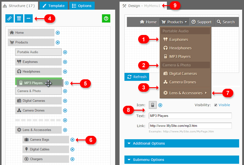 Three types of elements: Links, Headers, and Separators