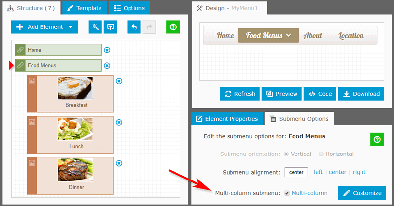 Multi-column submenu