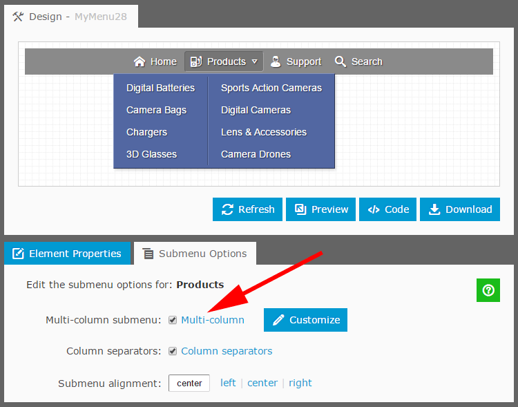 Multi-column submenu