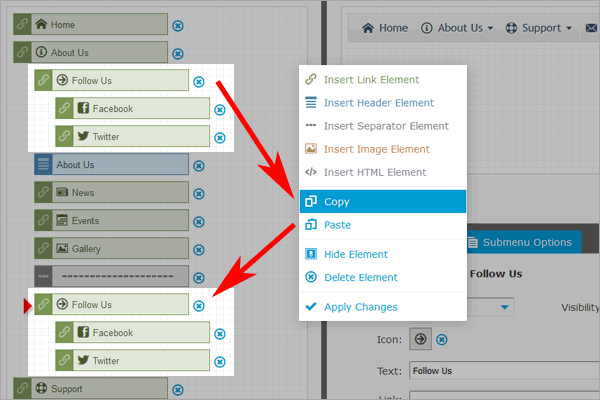 Copy/paste menu elements