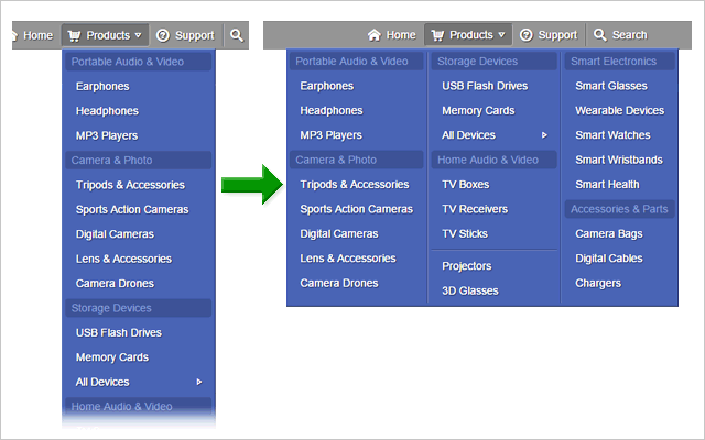 Multiple-column dropdown menu